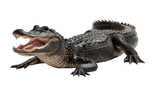 American alligator with open mouth showing sharp teeth and textured dark scales