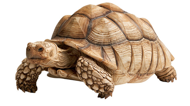 Large African spurred tortoise with textured brown shell and scaly skin