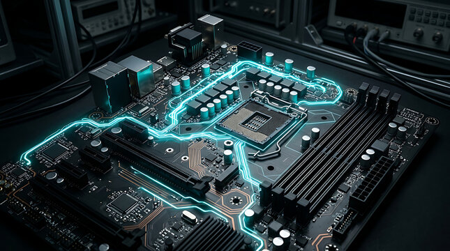 Close-up of a high-tech computer motherboard with glowing blue light trails on circuitry, featuring a CPU socket, capacitors, and electronic components in a laboratory setting.