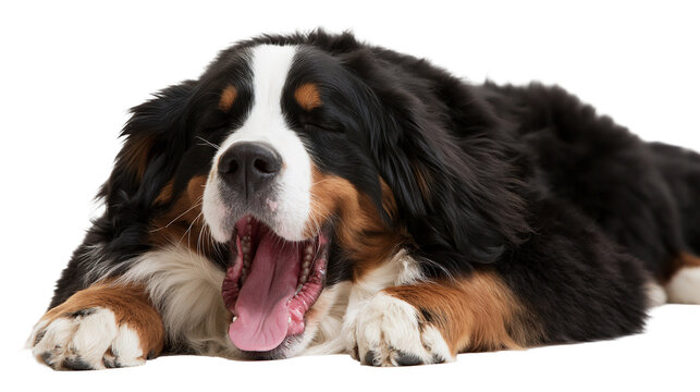 Bernese Mountain Dog lying down and yawning with mouth wide open