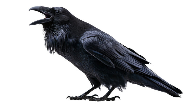 Common raven standing with open beak and glossy black plumage