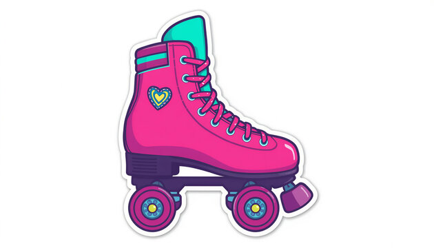 Retro pink roller skate sticker cartoon illustration