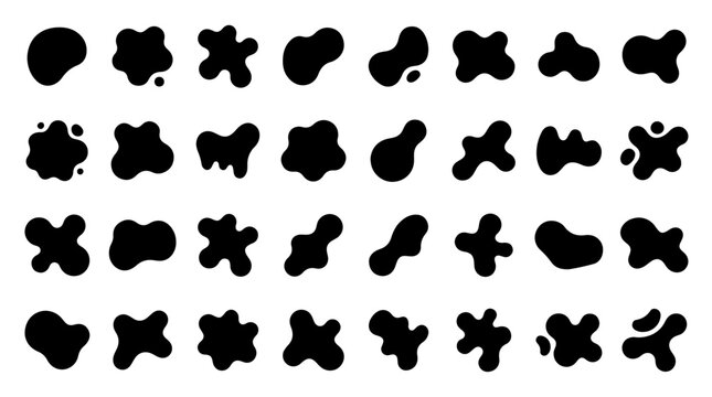 Collection of black organic liquid blob shapes and irregular amorphous blotches on a white background