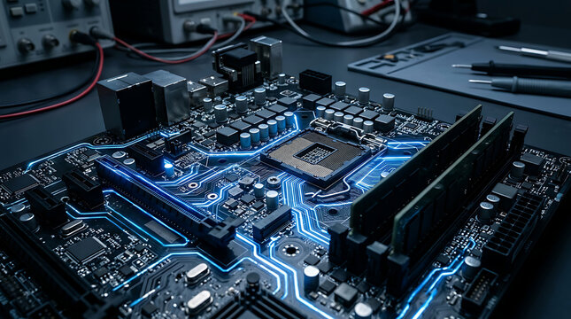 Detailed computer motherboard featuring luminous blue circuitry, integrated RAM modules, and an open CPU socket, positioned in a high-tech laboratory environment.