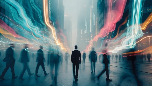 Crowd of business people walking through a foggy city street at night. Urban commuting and futuristic lifestyle concepts. Pedestrians walking together past glowing abstract light waves