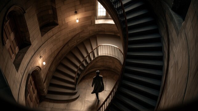 Person walking down grand spiral staircase