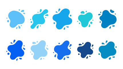 Fototapeta premium Ten distinct blue liquid blob shapes with decorative water splash accents, isolated on a white background, for versatile applications