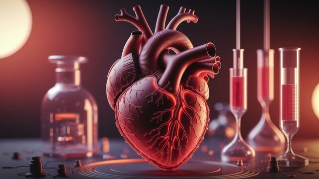 Surreal Mechanical Human Heart Connected to Industrial Pipes, Futuristic Cardiovascular Concept