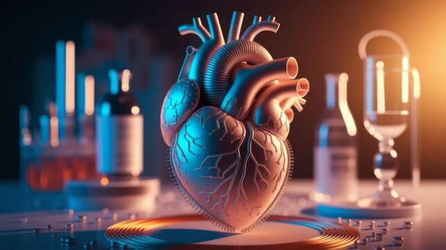 Surreal Mechanical Human Heart Connected to Industrial Pipes, Futuristic Cardiovascular Concept
