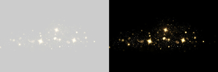 Golden sparkling dust and glitter particles overlay on transparent background. Twinkling magic stardust and glowing bokeh lights effect for festive celebration © KETRIN