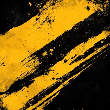 Dynamic yellow and black paint splatter strokes creating an abstract modern artistic background with textured grunge effects and bold diagonal lines