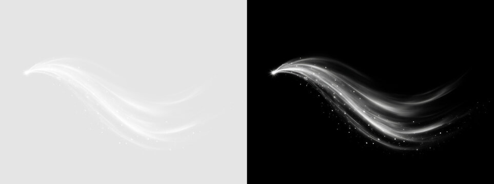 White glowing light trail with sparkles and stardust. Dynamic curved motion streak overlay on transparent and black background. Magic energy wave effect