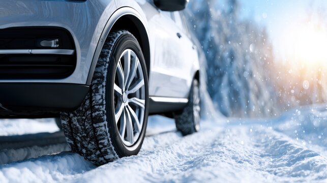 Winter driving scene showing a modern car tire equipped for snow as it moves through a snowy road with fresh snow and sunlight in the background