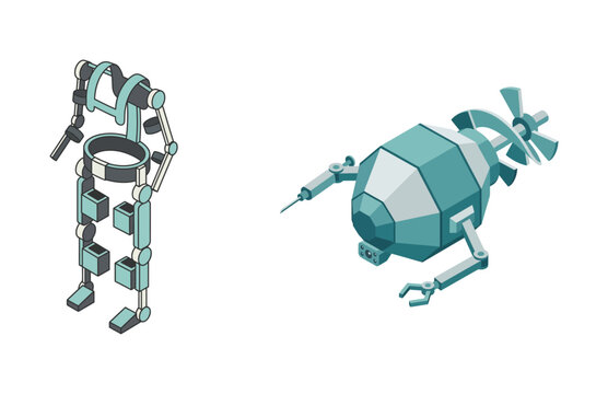 Futuristic Robotic Exoskeleton Suit and Advanced Medical Nanobot Device in Isometric Style Design
