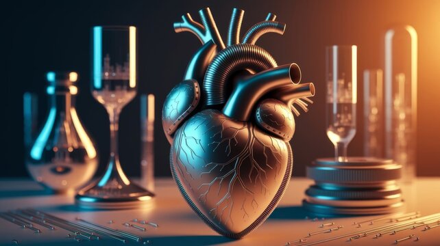 Surreal Mechanical Human Heart Connected to Industrial Pipes, Futuristic Cardiovascular Concept