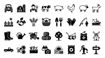 Obraz premium Comprehensive collection of thirty-two black silhouette agriculture icons including farm animals, heavy machinery, gardening tools, livestock, harvest crops, and rural equipment on white.