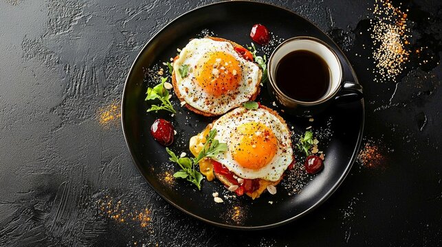 Experience a gourmet start to your day with an appetizing plate of egg Benedict and coffee.