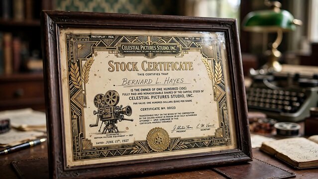 A framed vintage stock certificate from Celestial Pictures Studio, Inc. dated 1927, displayed on a wooden desk with an old typewriter in the background.