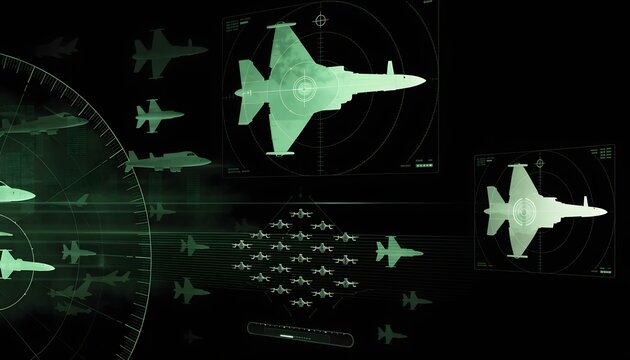 Military radar interface with fighter jet aircraft tracking displays. Defense aviation technology and tactical surveillance concepts. Radar screen showing fighter planes in formation