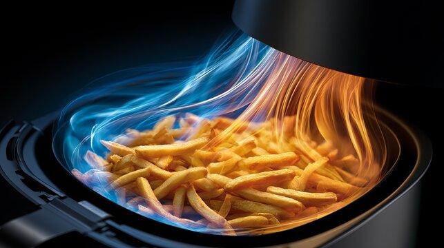 Golden crispy french fries dramatically engulfed in vibrant blue and orange flames, a dynamic culinary concept showcasing intense heat and flavor