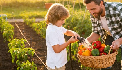 Fototapeta premium Rinsing father and child in garden, white polo and checkered shirt, wicker basket, hose, copy space