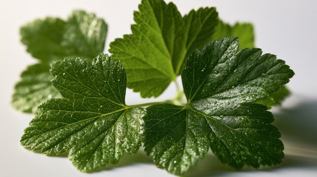 Macro photograph of black currant leaves with dew on serrated lobes