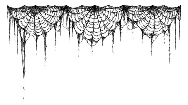 Black hanging spider web border with intricate silk threads and drooping strands