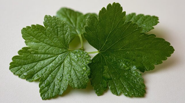 Macro photograph of black currant leaves with dew on serrated lobes