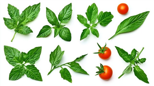 Vibrant collections of tomato leaves showcasing their unique shapes.