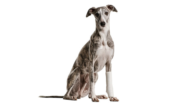 Brindle whippet dog sitting with a white medical bandage on its front leg