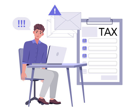 Man Working with Tax Form and Email Alert