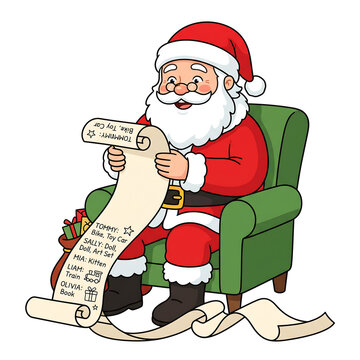 Santa Claus reading long gift list scroll in cozy armchair with transparent background