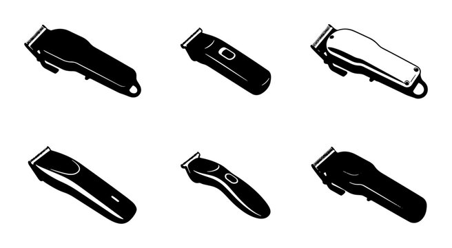 Black hair clippers set, graphic icons, barber tools and grooming