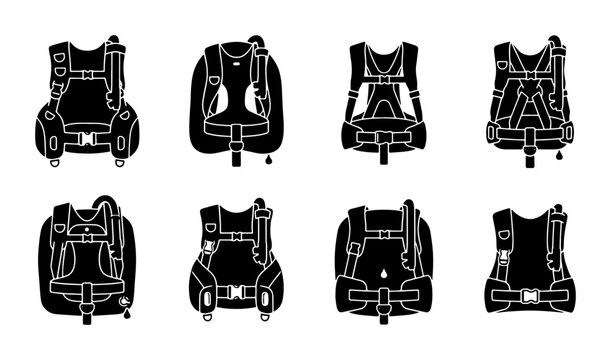 Black diving vests silhouettes, buoyancy compensator devices for scuba