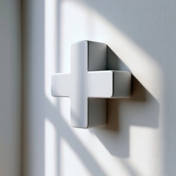 Minimalist white three-dimensional plus symbol casting soft shadows on textured wall under natural sunlight through window blinds in modern interior setting