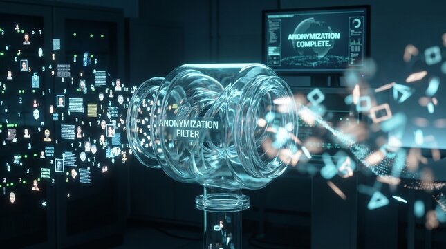 Data anonymization process displayed on a digital monitor screen with data processing information security cyber security data privacy secure data protection anonymized information