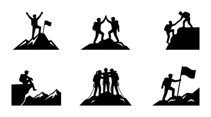 Fototapeta premium Black silhouette hikers on mountains with flags and success gestures