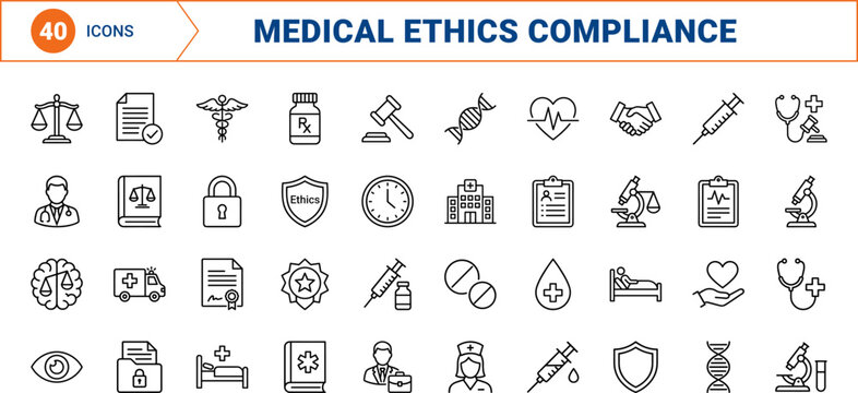 Medical Law And Ethics line icon set. Vector pictograms of healthcare compliance, patient privacy, bioethics, and legal consent elements, thin linear illustration.