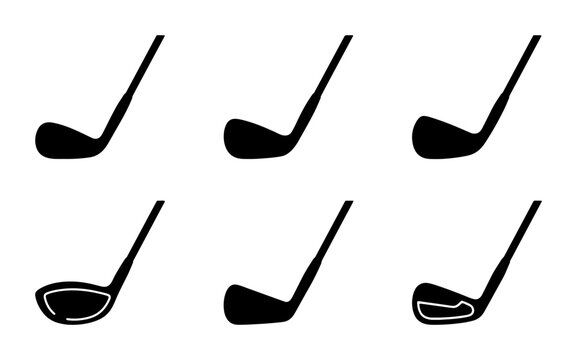Black golf club icons, set of six, sports graphic elements
