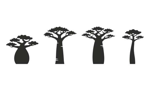 Silhouettes of four distinct madagascar baobab trees arranged horizontally represent unique african savanna flora.