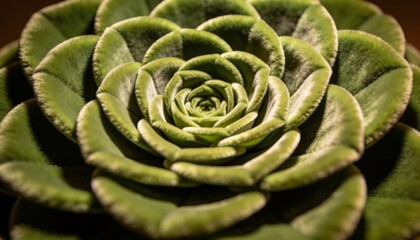 Fototapeta premium Showing single green rosette succulent plant filling close-up macro frame on table, with pot rim