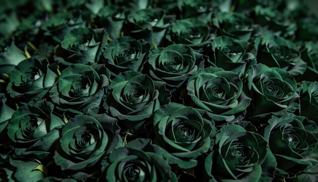 Displaying dense dark green rose cluster forming spiral rosettes in floral studio, with leaves