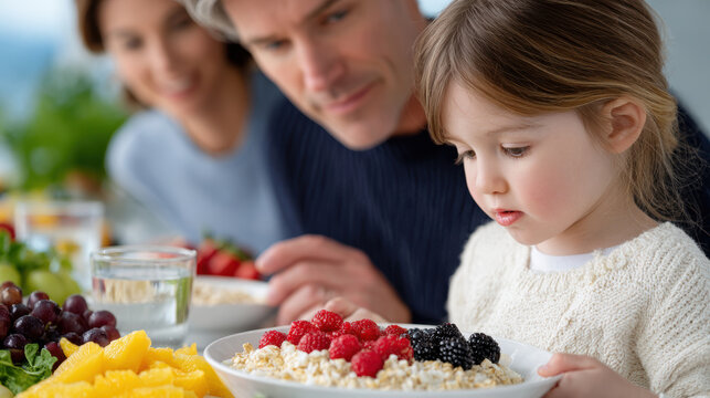 Young girl concentrating on a bowl of oatmeal topped with fresh berries at a family breakfast, healthy kids nutrition image for pediatric meal planning, school morning routines and parenting guides