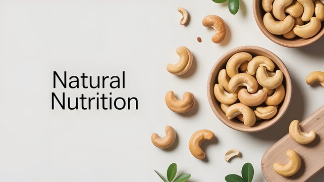 Organic raw cashew nuts arranged in small wooden bowls with fresh green leaves on white background