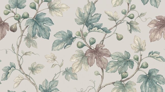 Watercolor fig branches and leaves seamless pattern on a light beige background