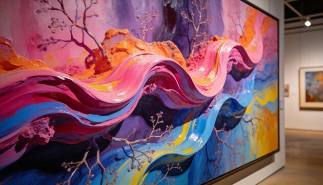 Showing framed abstract painting on gallery wall with glossy vivid strokes under lights and plaque