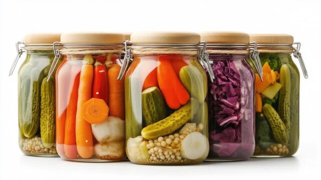 Several glass jars filled with colorful pickled vegetables, including cucumbers, carrots, cabbage and mixed. Ai generated