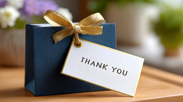 Navy gift box with gold ribbon and thank you tag on wooden table closeup for client appreciation packaging and elegant thank you card presentation for events and retail