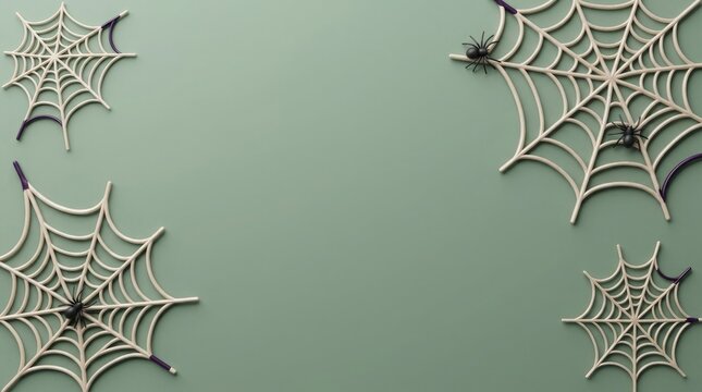 Top view of decorative white spider webs arranged on a solid sage green background for halloween holiday theme