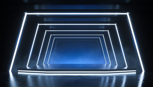 Glowing nested trapezoid LED frames receding in dark studio, raised platform edge and shiny floor